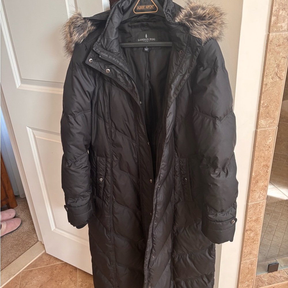 London Fog Women's Dark Puffer Jacket with Faux Fur Hood